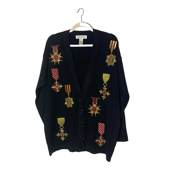 Vtg. 90s Jones New York Cardigan Sweater Oversized Small Embroidered Ugly Medals - Picture 1 of 6